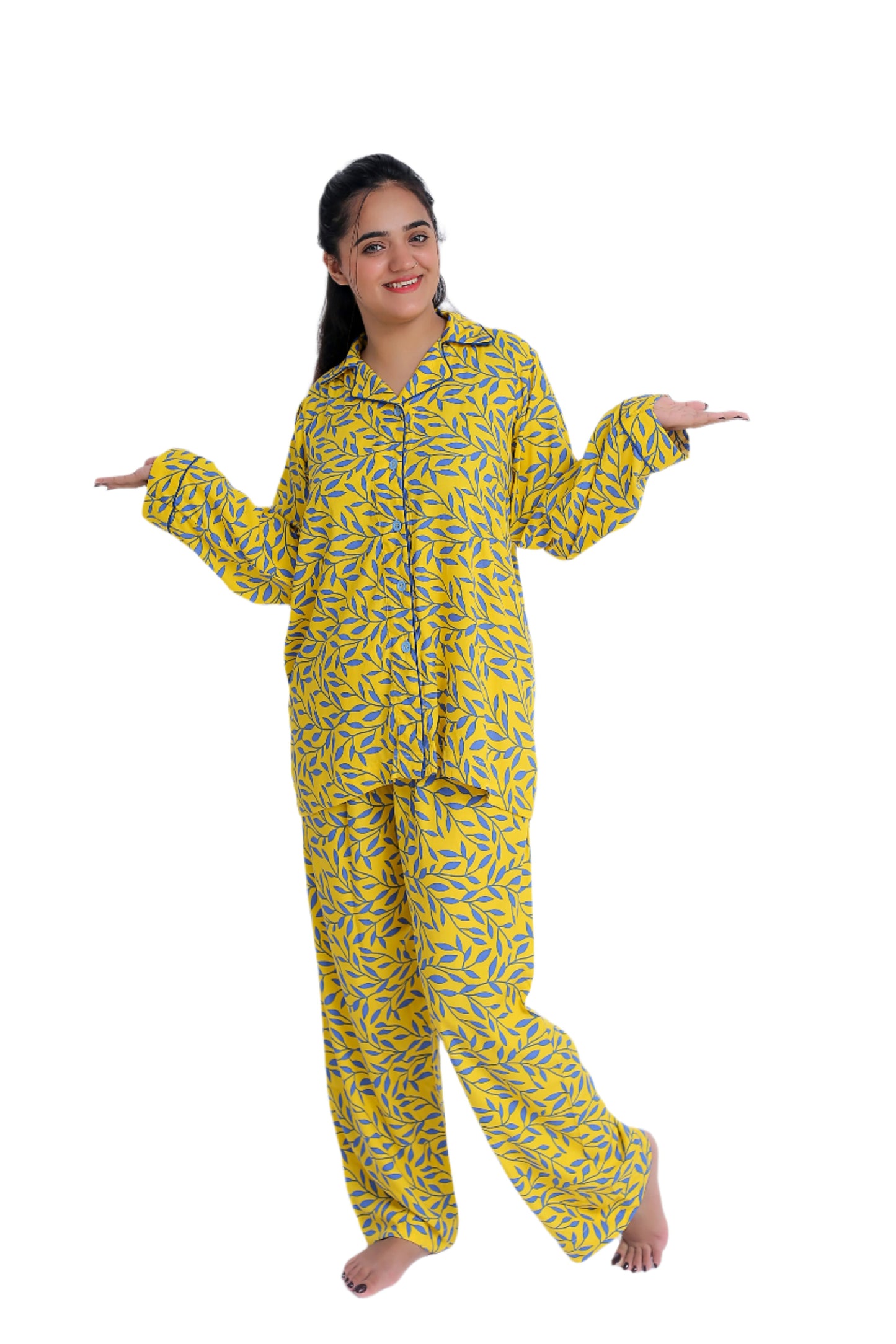 Soft Linen Pyjama Set Yellow with Icy Blue Petiolate Pattern