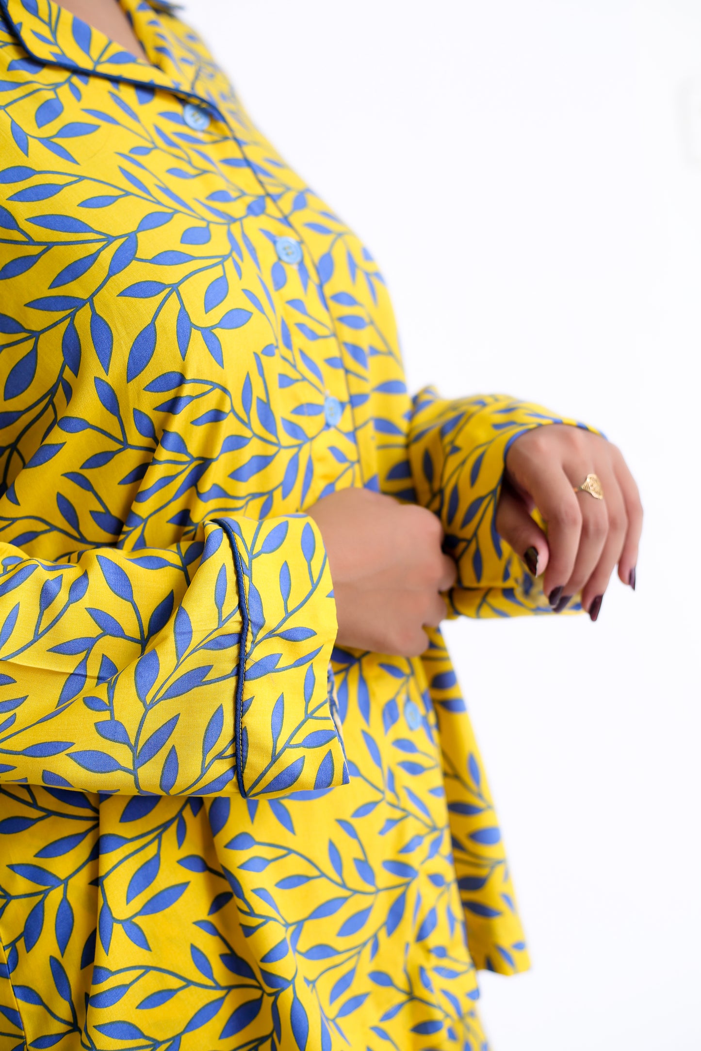 Soft Linen Pyjama Set Yellow with Icy Blue Petiolate Pattern