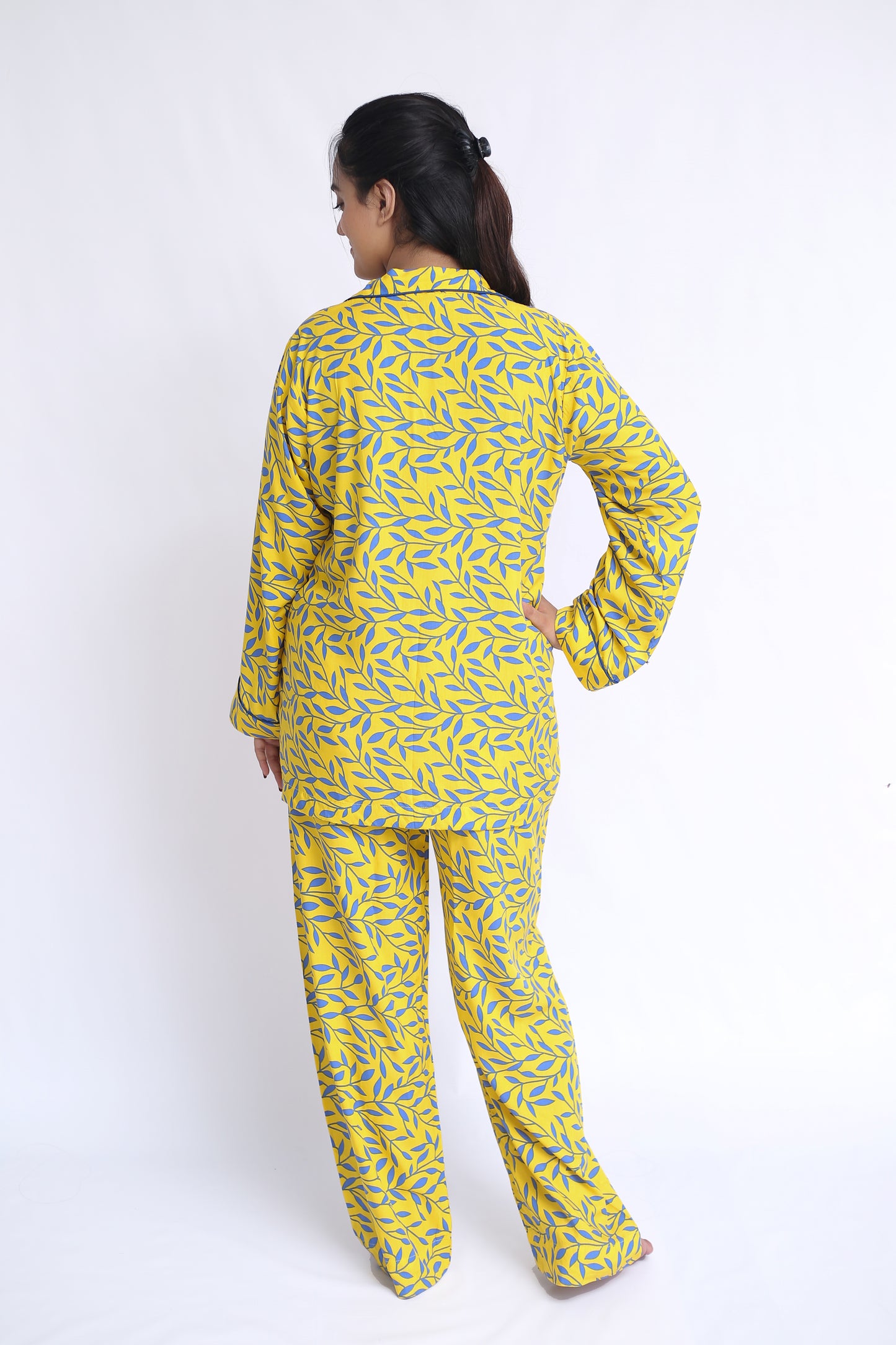 Soft Linen Pyjama Set Yellow with Icy Blue Petiolate Pattern