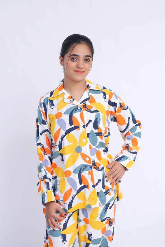 Abstract floral Linen Pyjama Set- Women Loungewear and Nightwears