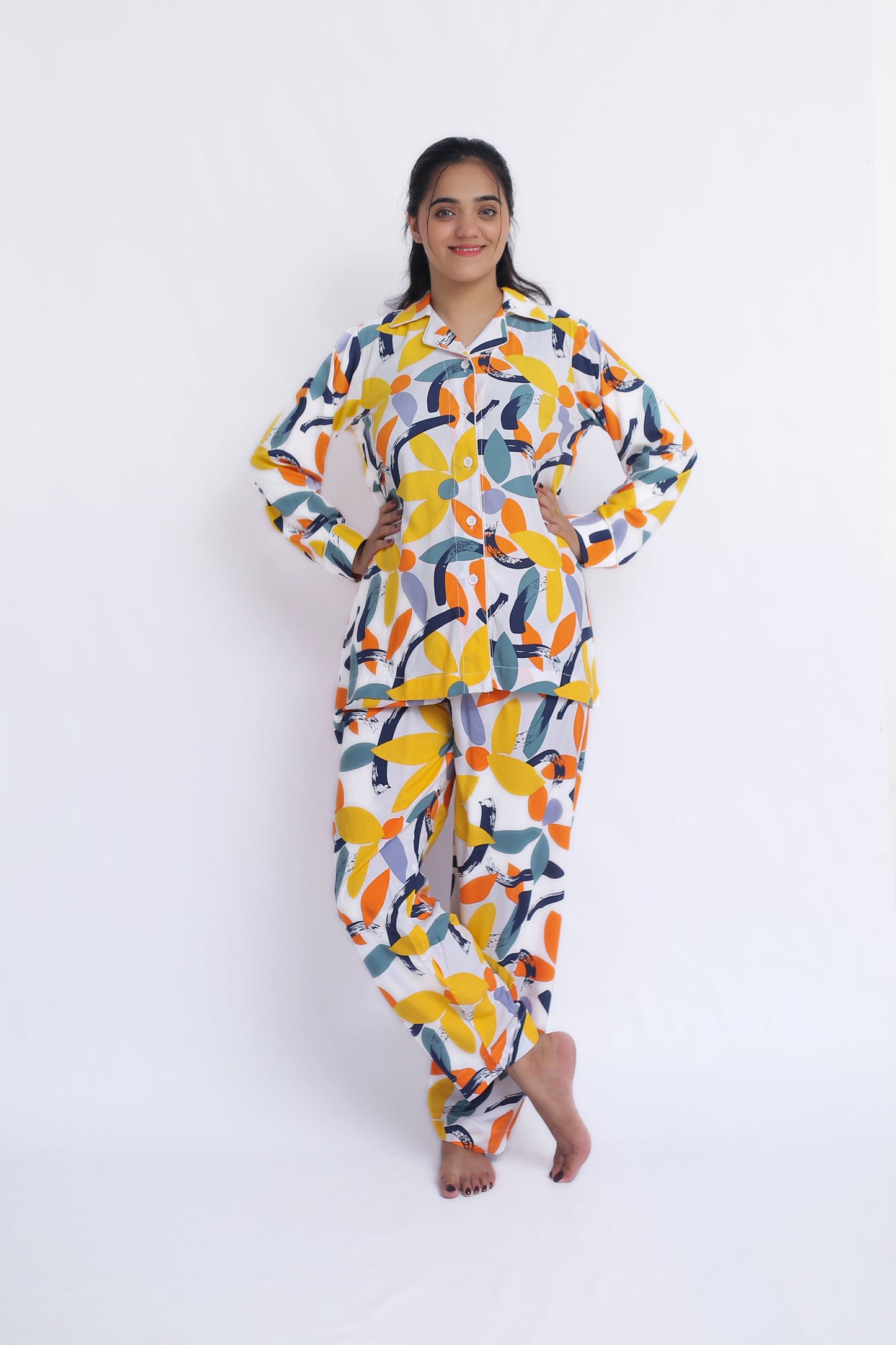 Abstract floral Linen Pyjama Set- Women Loungewear and Nightwears