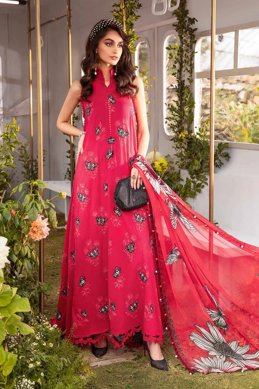 Bold Red Stitched 3 Piece (Shirt, Trouser, Dupatta) M Prints with Full Sleeves - Luxury MBS2