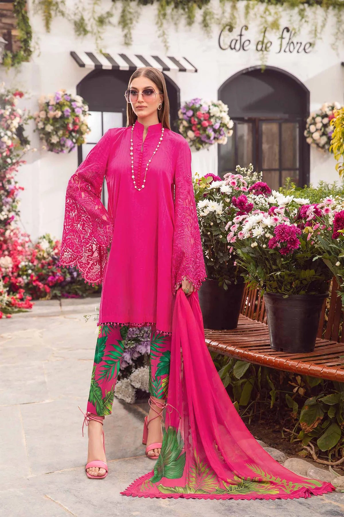 Hot Pink Stitched 3 Piece (Shirt, Trouser, Dupatta) M Prints with Full Sleeves - Luxury MBS4