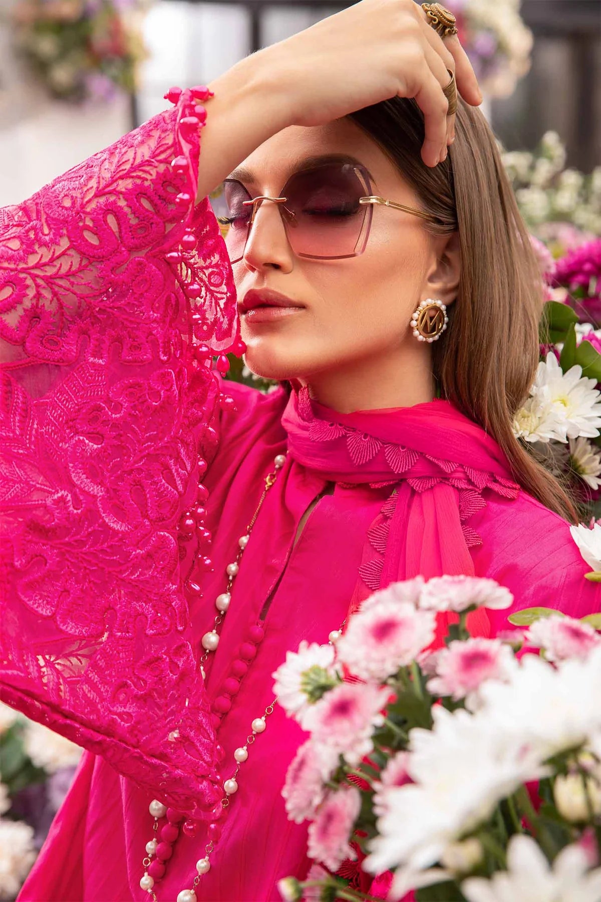 Hot Pink Stitched 3 Piece (Shirt, Trouser, Dupatta) M Prints with Full Sleeves - Luxury MBS4