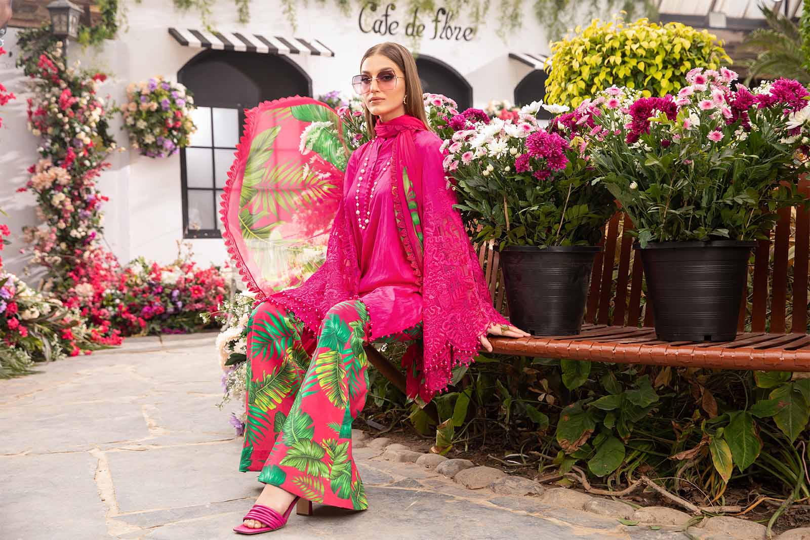 Hot Pink Stitched 3 Piece (Shirt, Trouser, Dupatta) M Prints with Full Sleeves - Luxury MBS4