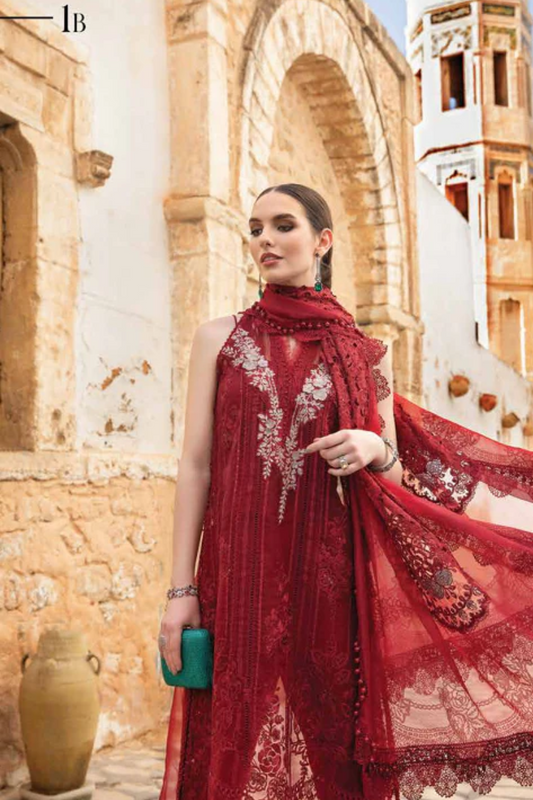 Maria B Luxury Lawn Unstitched Fiery bold red with 3 D silver flower Embroidery work - MLB3