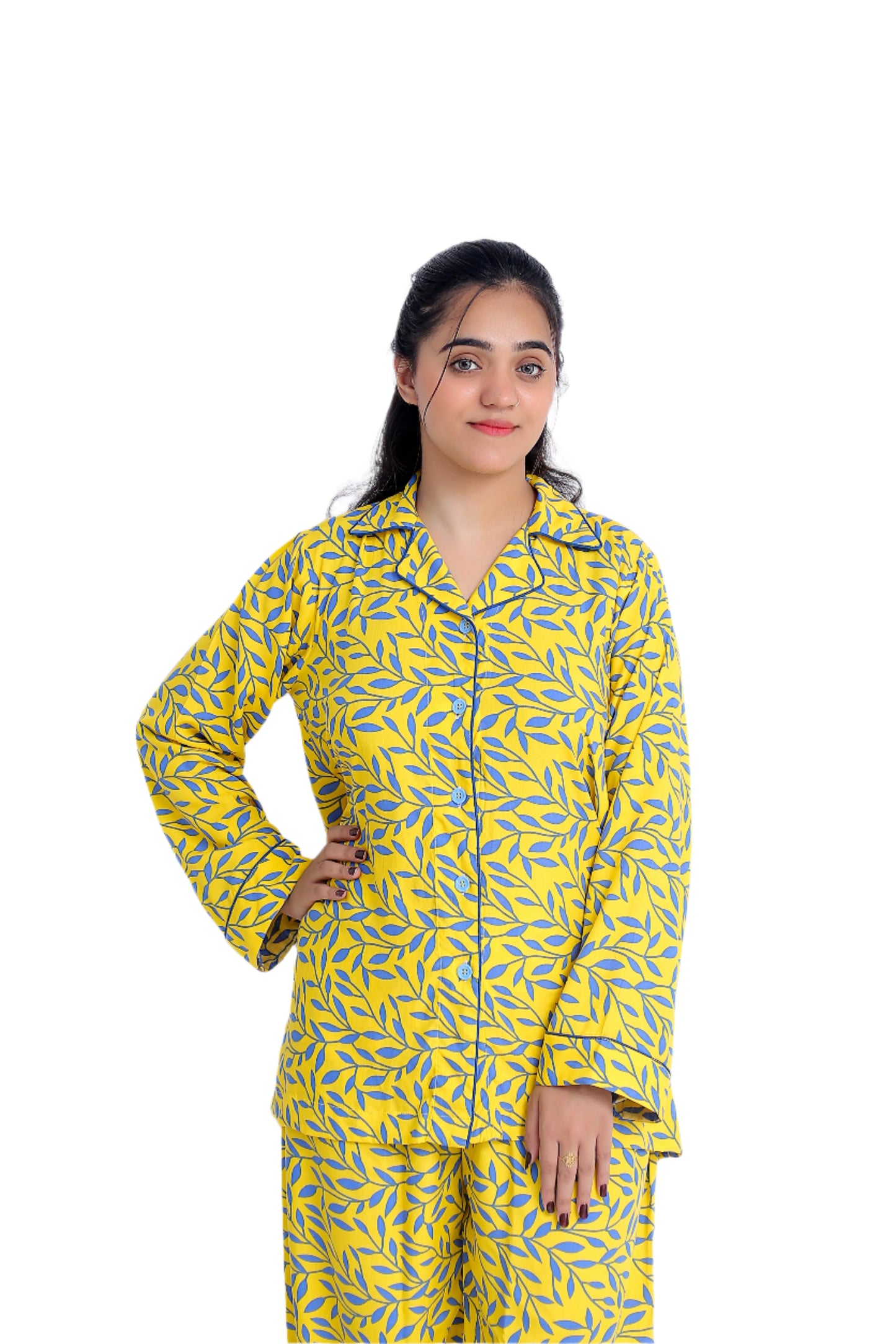 Soft Linen Pyjama Set Yellow with Icy Blue Petiolate Pattern