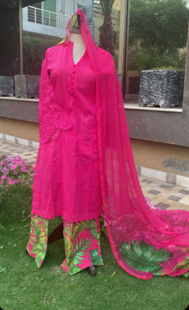 Hot Pink Stitched 3 Piece (Shirt, Trouser, Dupatta) M Prints with Full Sleeves - Luxury MBS4