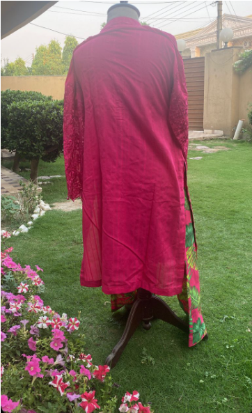 Hot Pink Stitched 3 Piece (Shirt, Trouser, Dupatta) M Prints with Full Sleeves - Luxury MBS4