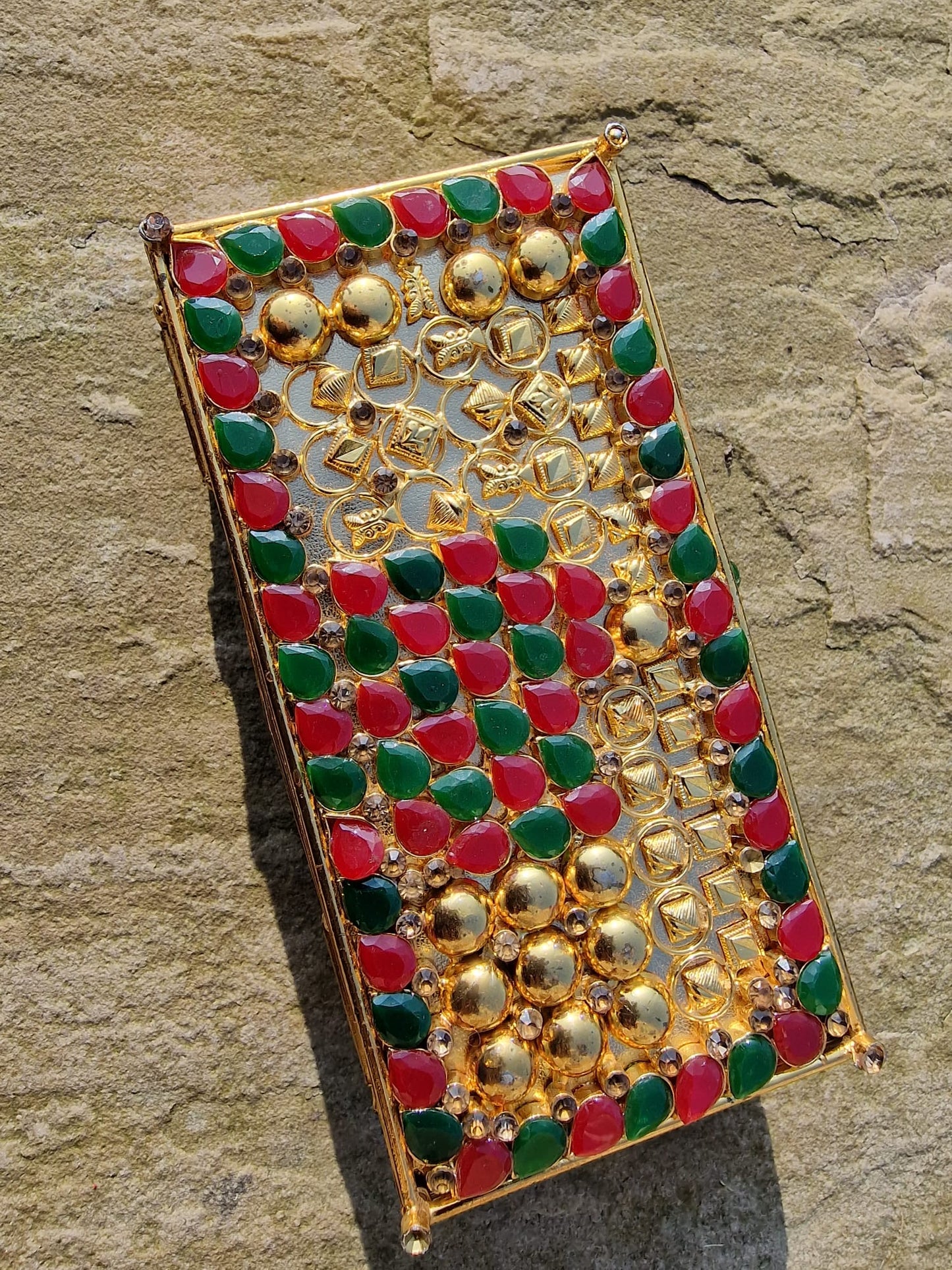 Handcrafted rectangular clutch with Ruby and Emerald color Stones