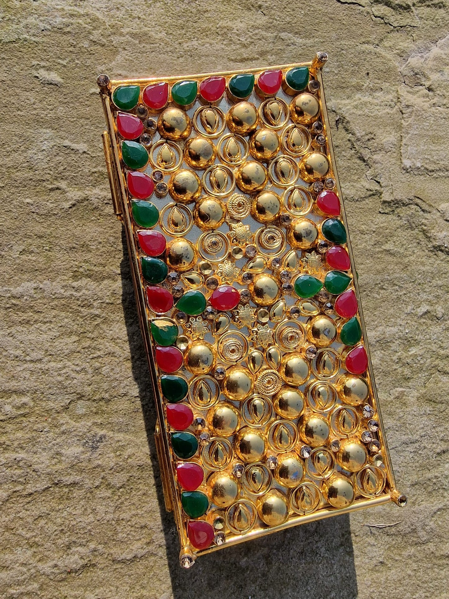 Handcrafted rectangular clutch with Ruby and Emerald color Stones