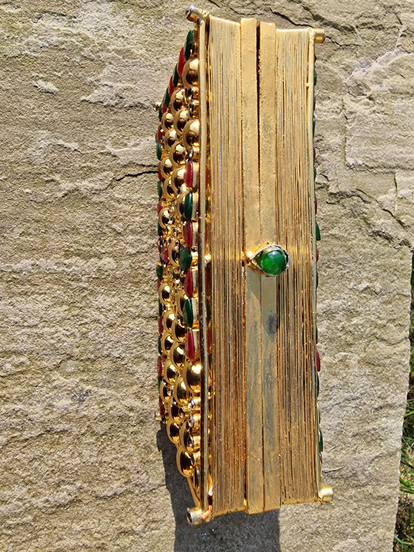 Handcrafted rectangular clutch with Ruby and Emerald color Stones